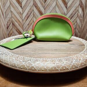 Lime Green Leather Zip Card & Key Pouch with Coral Trim